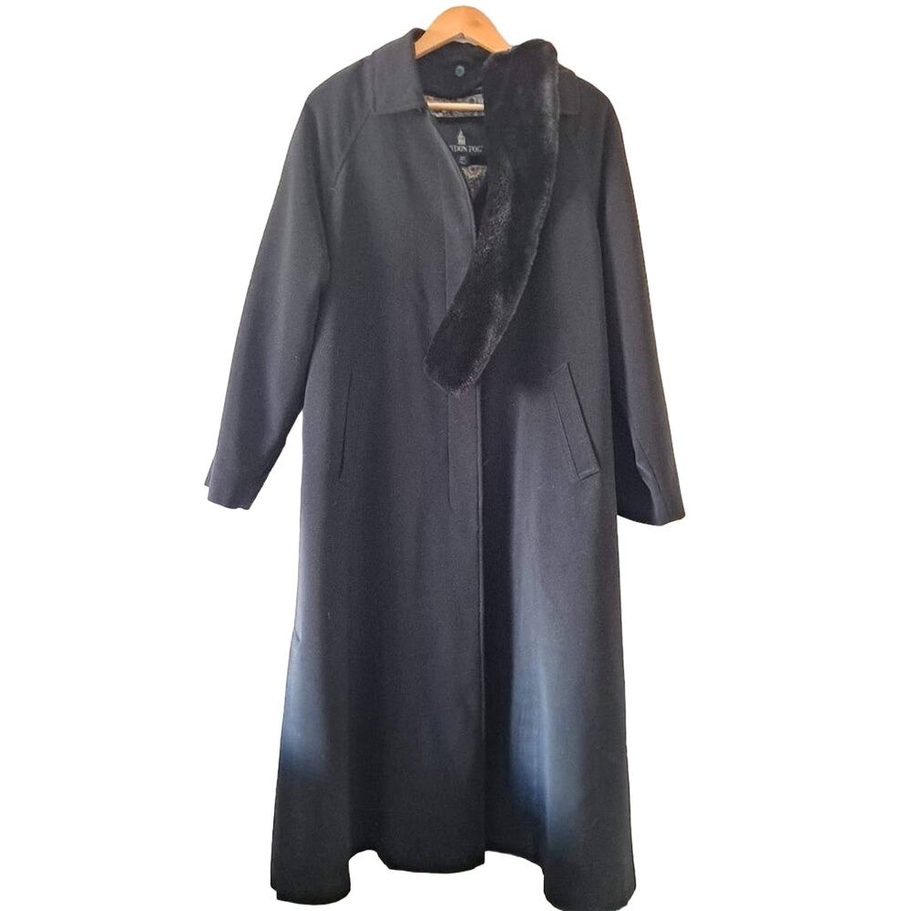 London Fog Long Black Trench Coat w Fur Neck Wrap - Size 10P